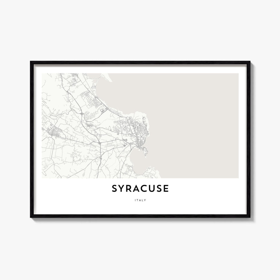 Syracuse, Italy black & white map poster of Italy – horizontal wall art, unframed print shown in interior mockup