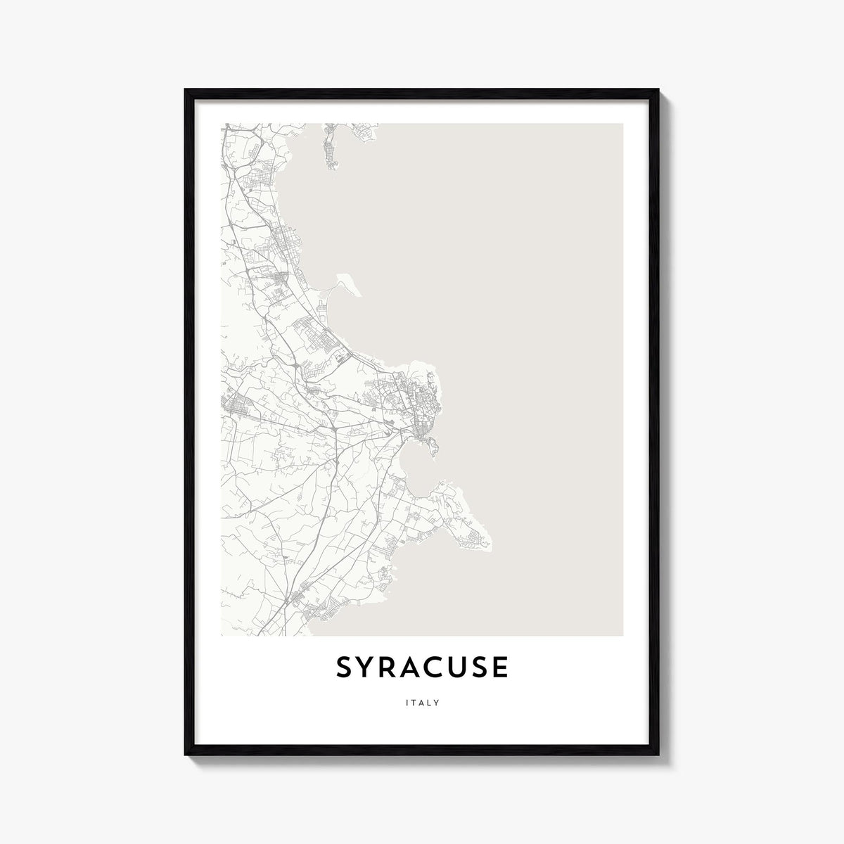 Syracuse, Italy black & white map poster of Italy – vertical wall art, unframed print shown in interior mockup