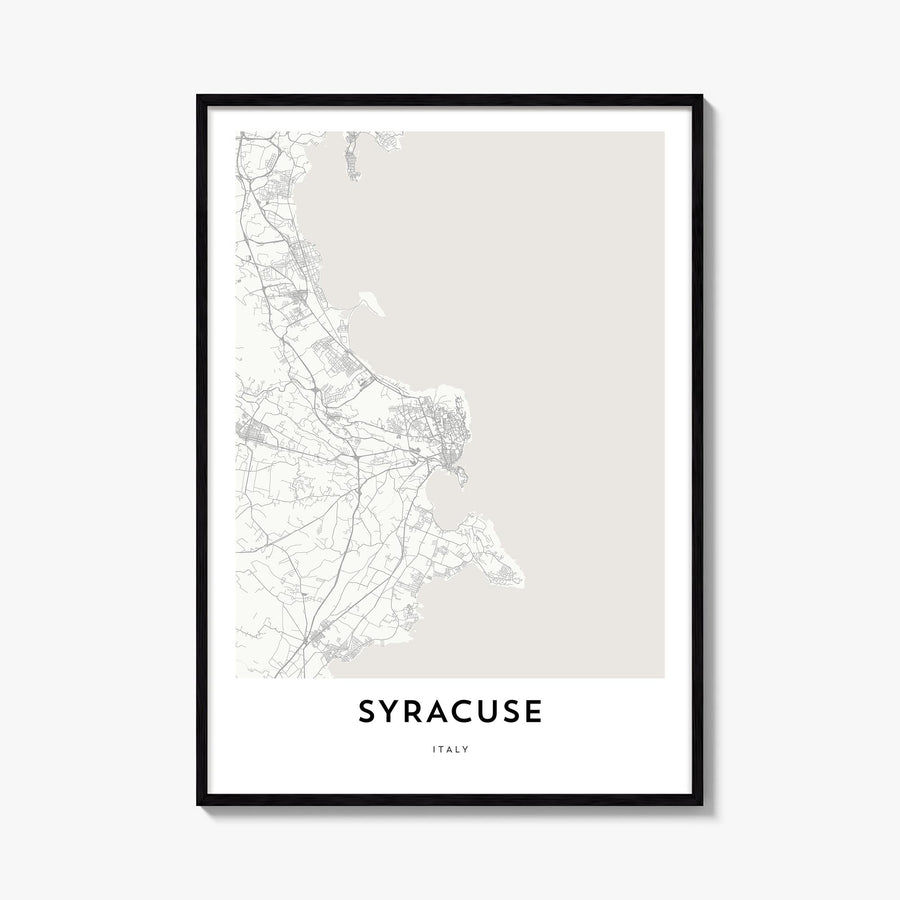 Syracuse, Italy black & white map poster of Italy – vertical wall art, unframed print shown in interior mockup