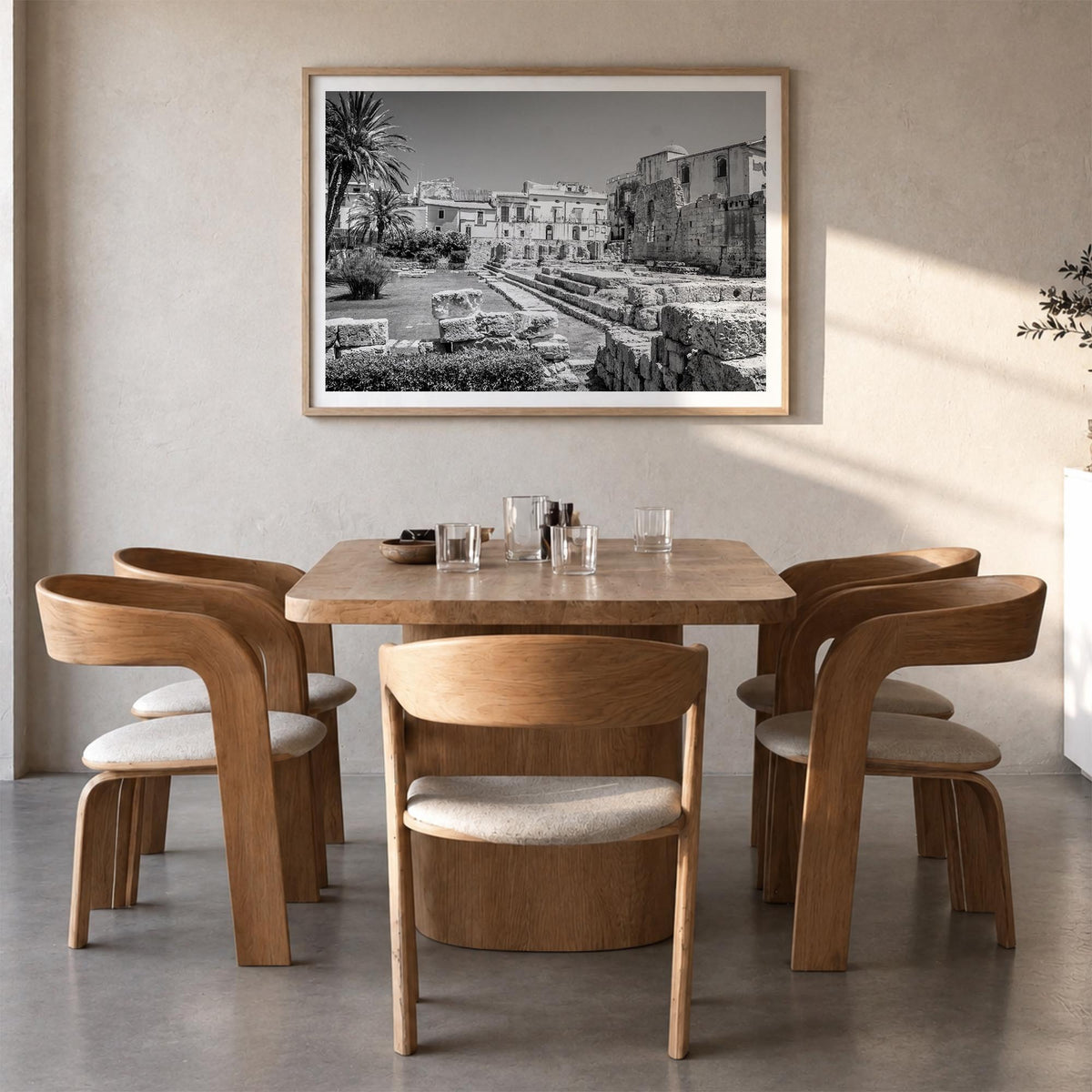 Syracuse, Italy black & white photo poster of Italy – horizontal wall art in natural wood frame with white border, hanging on