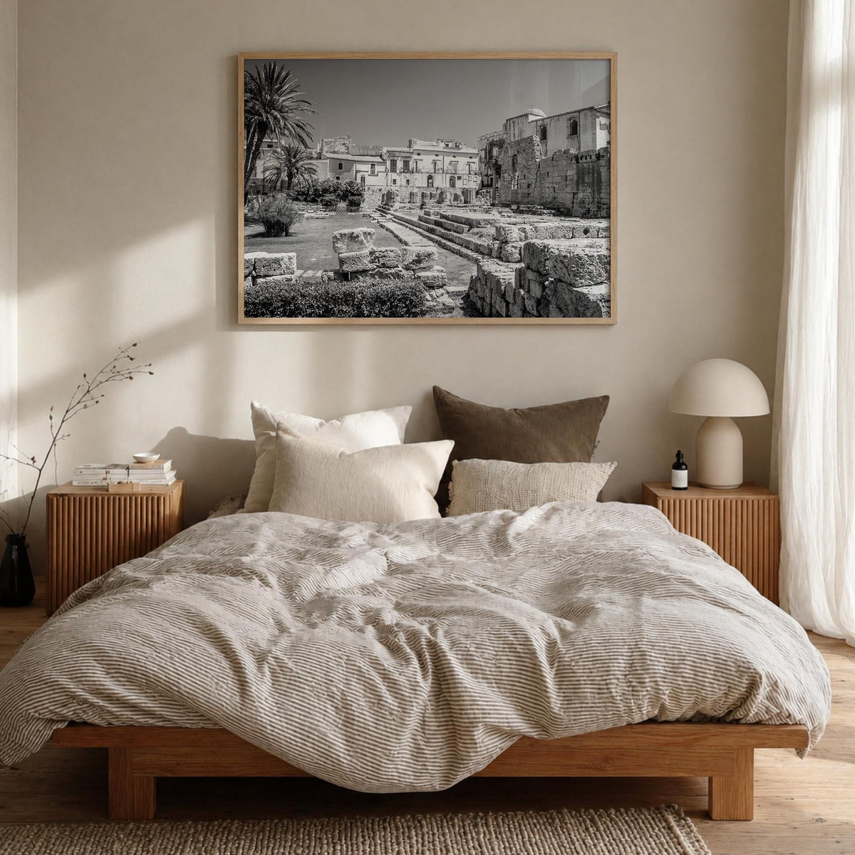 Syracuse, Italy black & white photo poster of Italy – horizontal wall art in natural wood frame, hanging on wall