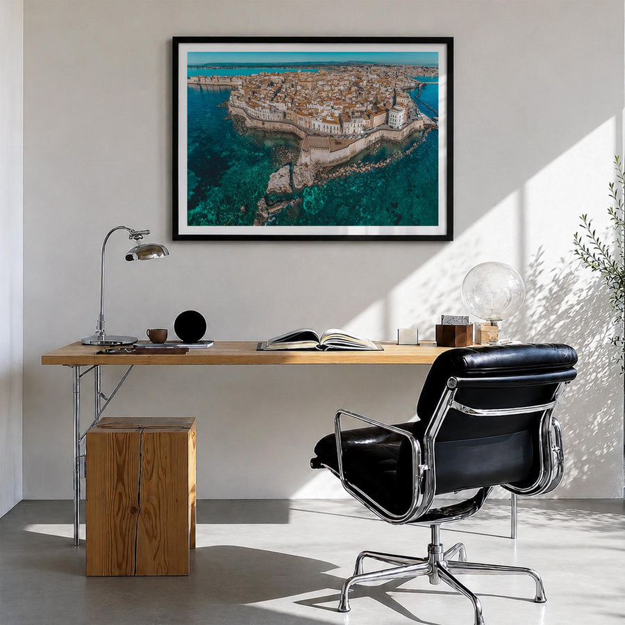 Syracuse, Italy colorful photo poster of Italy – horizontal wall art in black wood frame with white border, hanging on wall