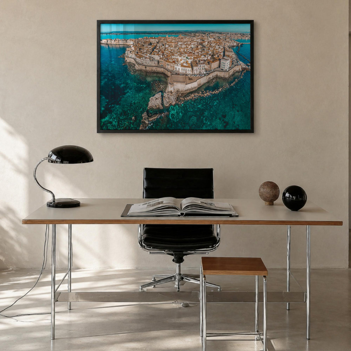 Syracuse, Italy colorful photo poster of Italy – horizontal wall art in black wood frame, hanging on wall