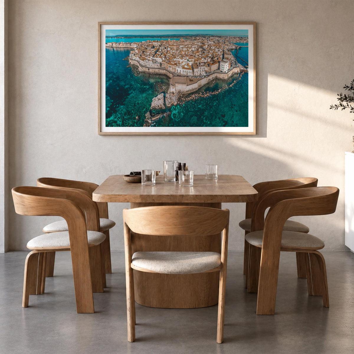 Syracuse, Italy colorful photo poster of Italy – horizontal wall art in natural wood frame with white border, hanging on wall