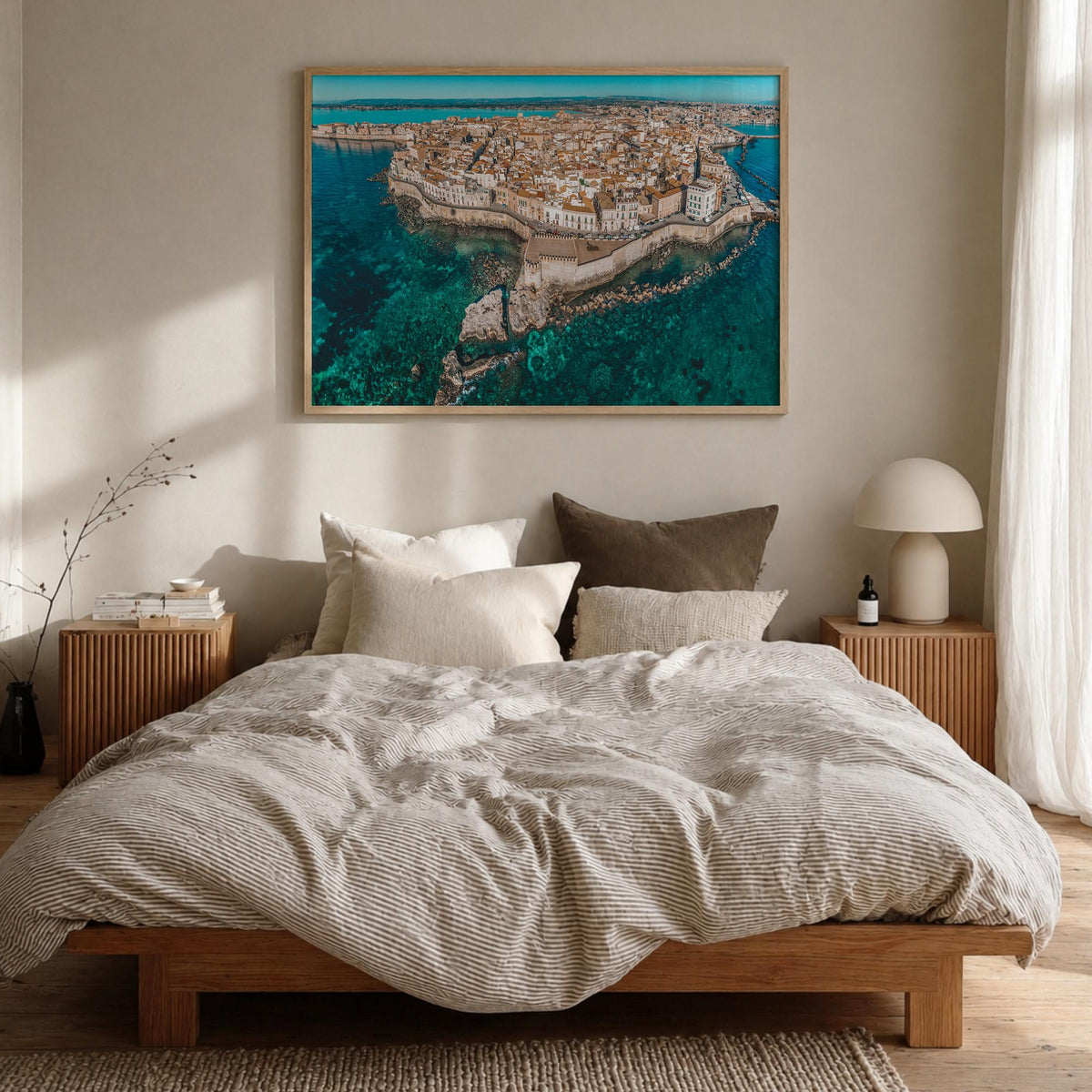 Syracuse, Italy colorful photo poster of Italy – horizontal wall art in natural wood frame, hanging on wall