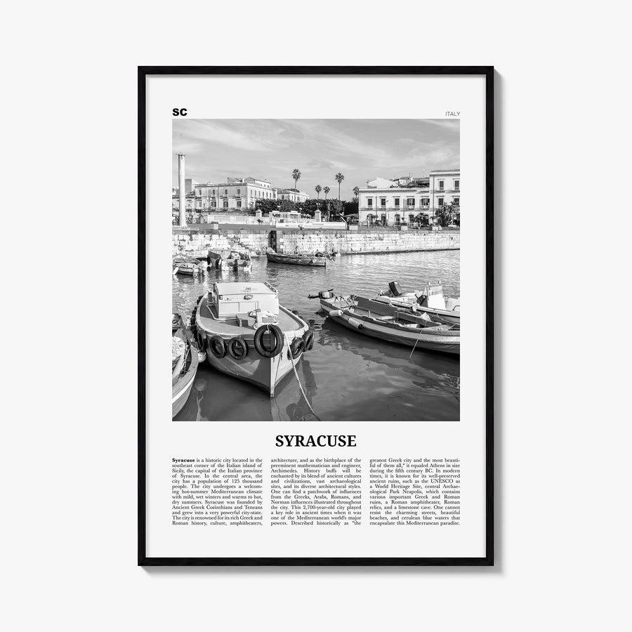 Syracuse, Italy no. 1 black & white newspaper poster of Italy – vertical wall art, unframed print shown in interior mockup