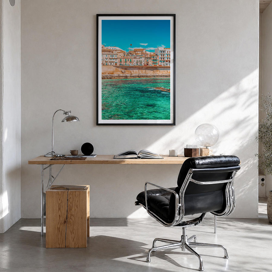 Syracuse, Italy no. 1 colorful photo poster of Italy – vertical wall art in black wood frame with white border, hanging on wa
