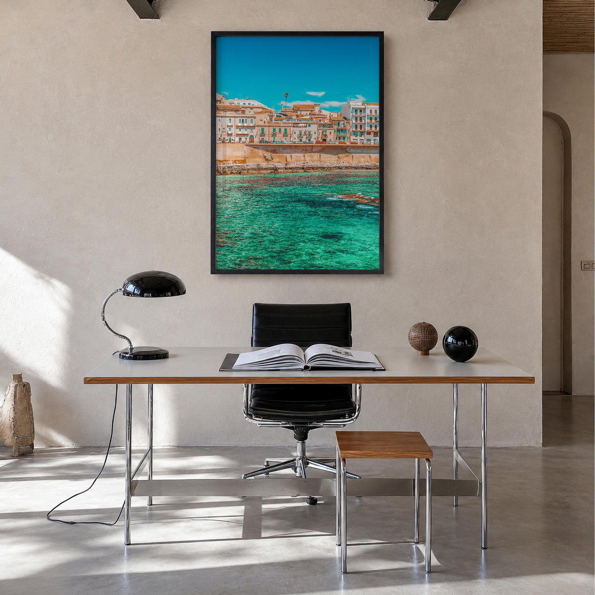 Syracuse, Italy no. 1 colorful photo poster of Italy – vertical wall art in black wood frame, hanging on wall