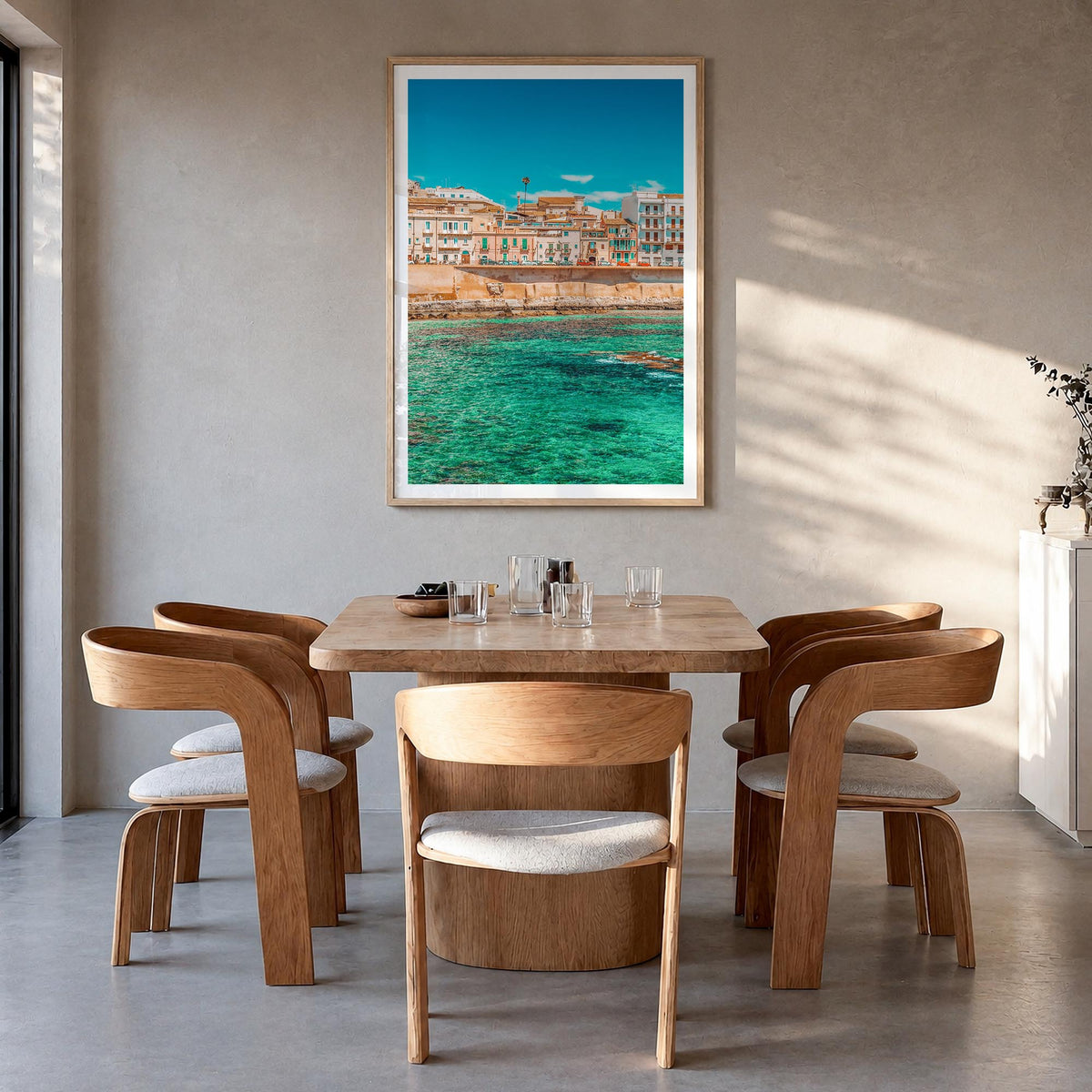 Syracuse, Italy no. 1 colorful photo poster of Italy – vertical wall art in natural wood frame with white border, hanging on 