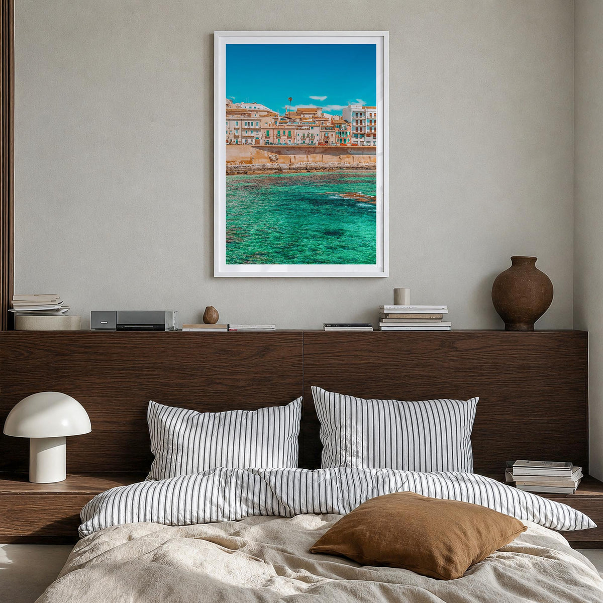 Syracuse, Italy no. 1 colorful photo poster of Italy – vertical wall art in white wood frame with white border, hanging on wa