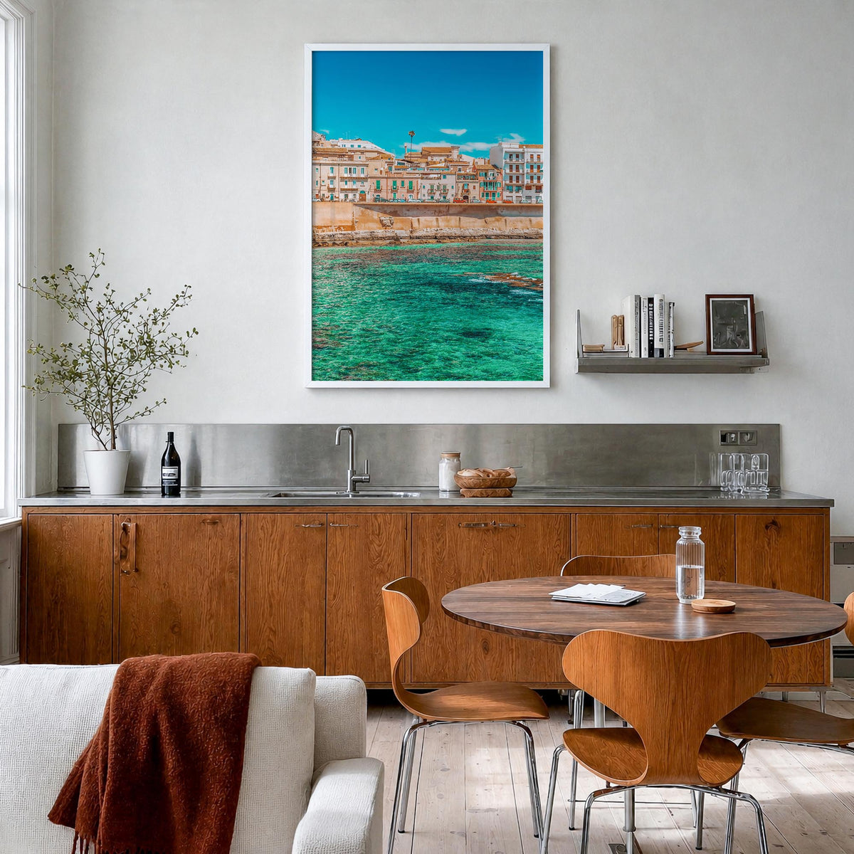 Syracuse, Italy no. 1 colorful photo poster of Italy – vertical wall art in white wood frame, hanging on wall
