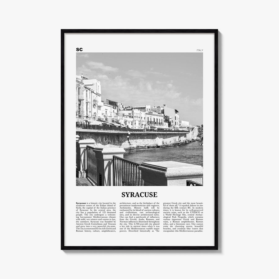 Syracuse, Italy no. 2 black & white newspaper poster of Italy – vertical wall art, unframed print shown in interior mockup