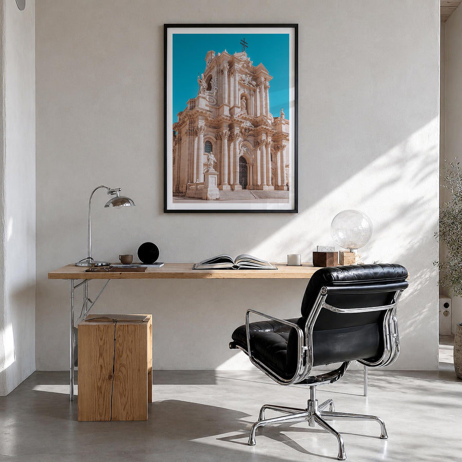 Syracuse, Italy no. 2 colorful photo poster of Italy – vertical wall art in black wood frame with white border, hanging on wa