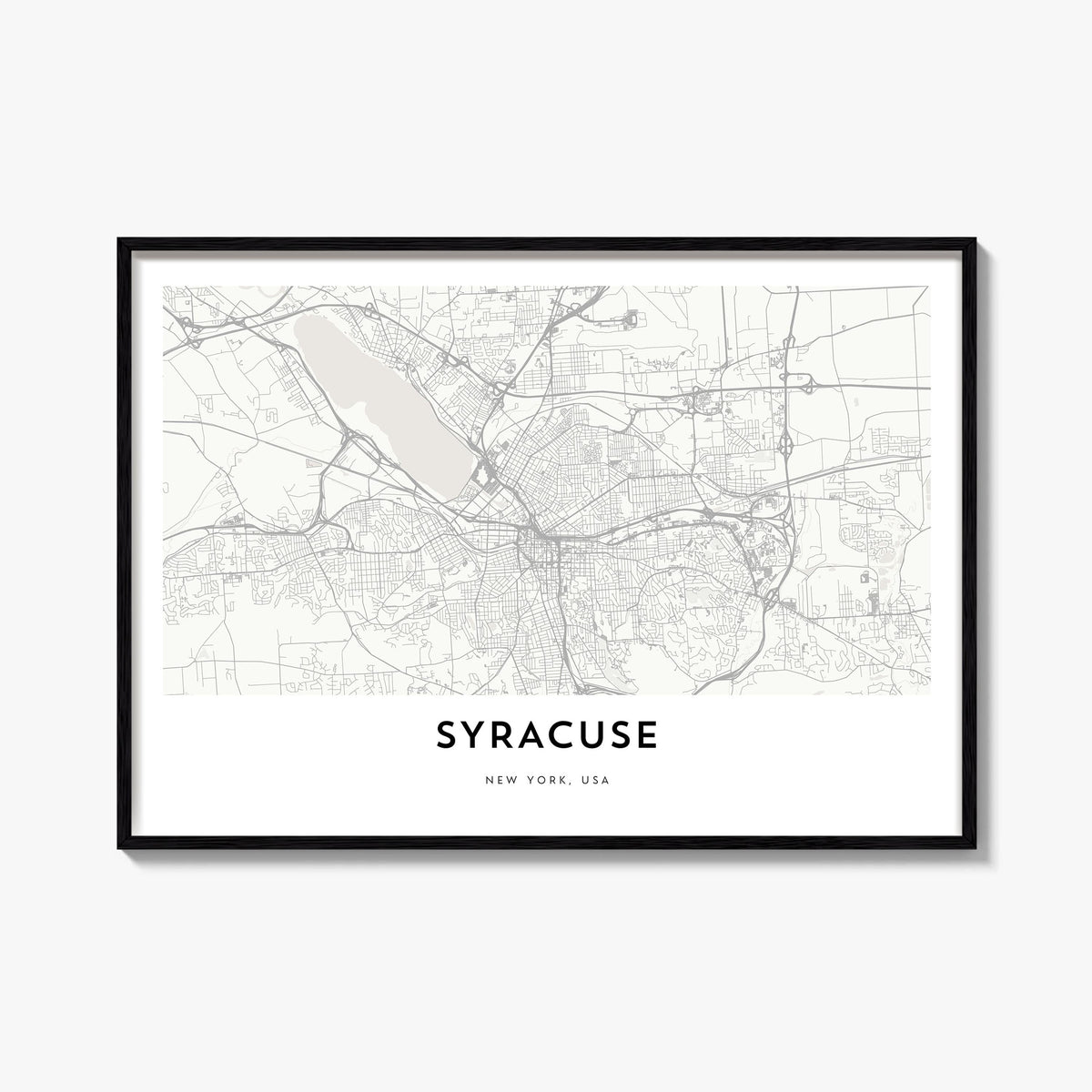 Syracuse, New York black & white map poster of New York, USA – horizontal wall art, unframed print shown in interior mockup
