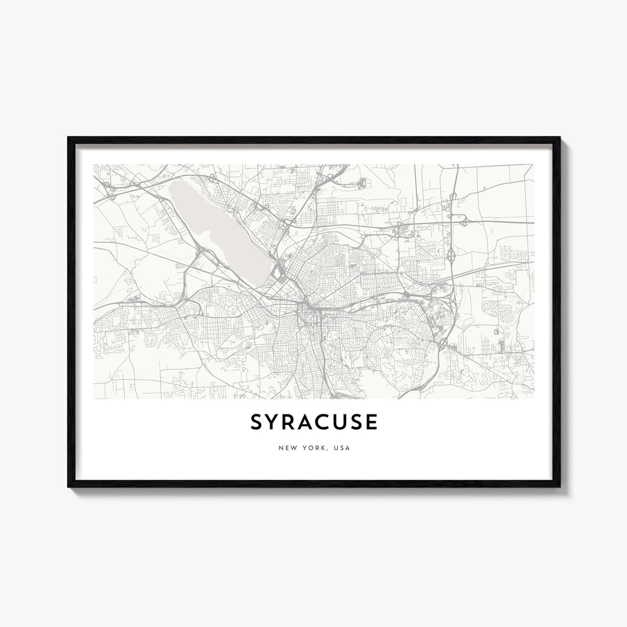 Syracuse, New York black & white map poster of New York, USA – horizontal wall art, unframed print shown in interior mockup