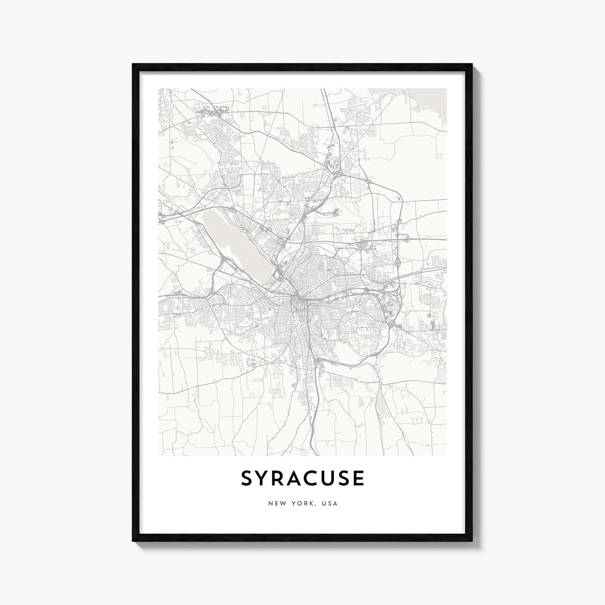 Syracuse, New York black & white map poster of New York, USA – vertical wall art, unframed print shown in interior mockup