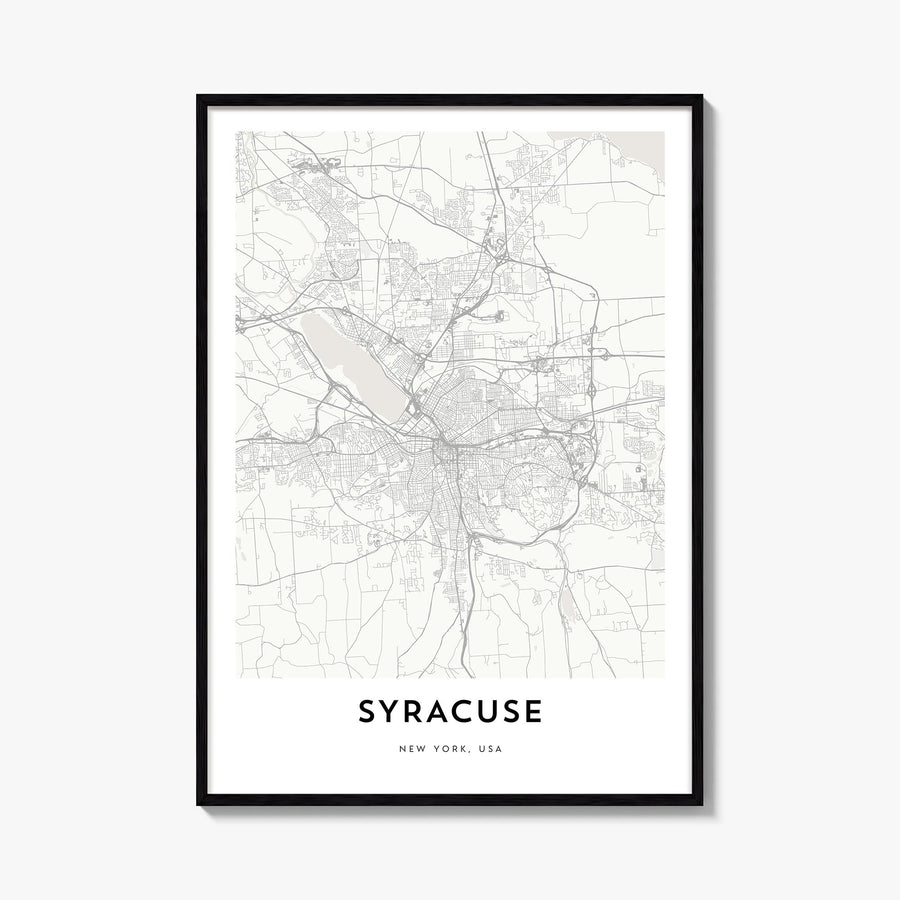 Syracuse, New York black & white map poster of New York, USA – vertical wall art, unframed print shown in interior mockup