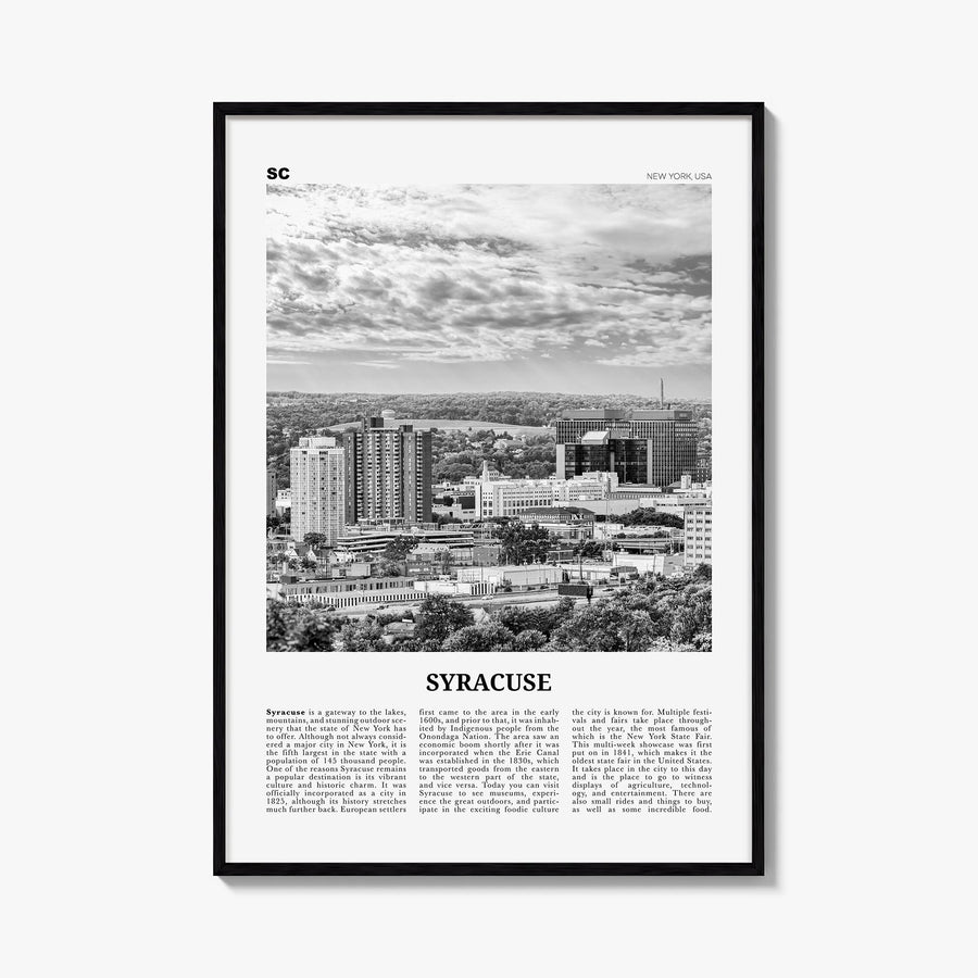 Syracuse, New York black & white newspaper poster of New York, USA – vertical wall art, unframed print shown in interior mock