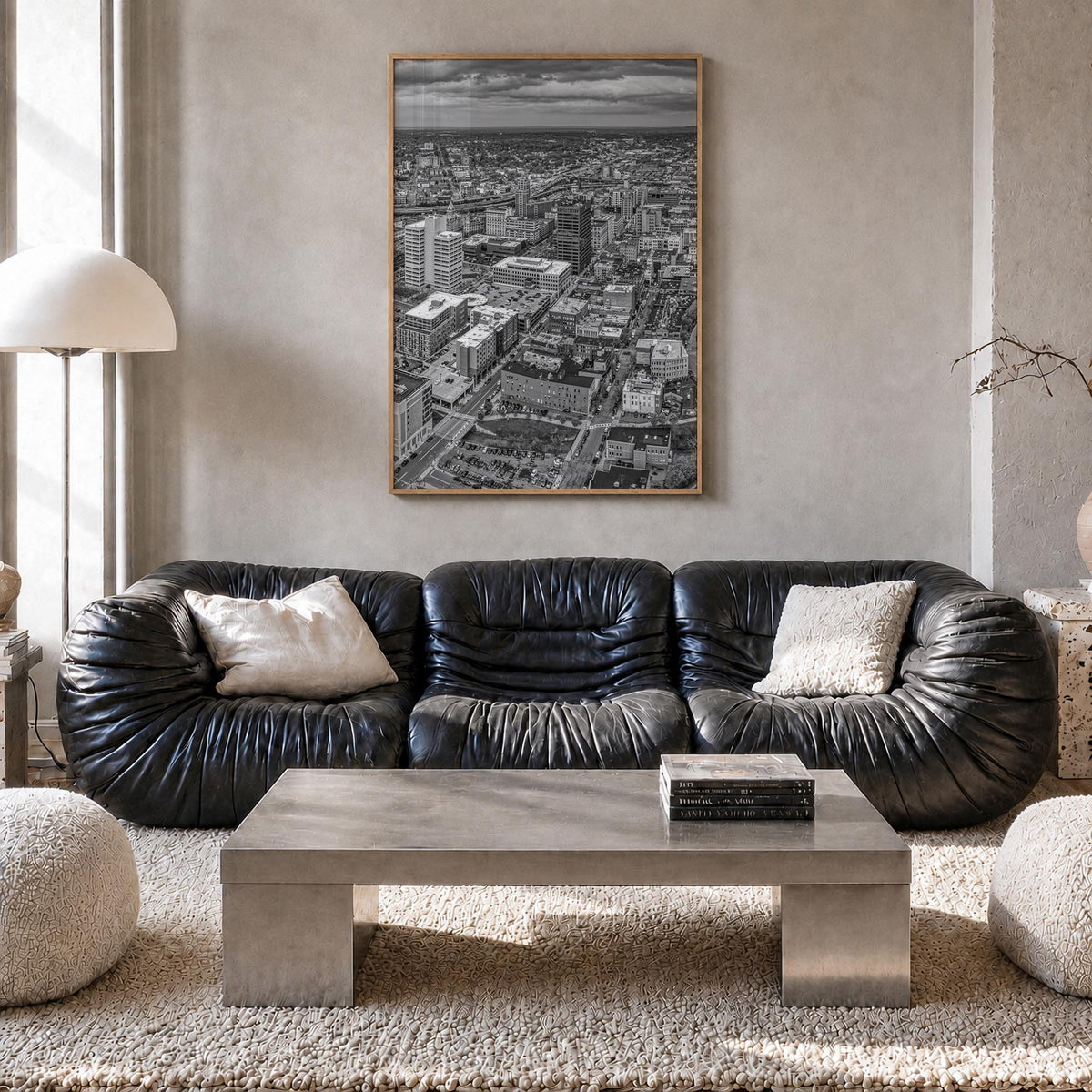 Syracuse, New York black & white photo poster of New York, USA – vertical wall art in natural wood frame, hanging on wall