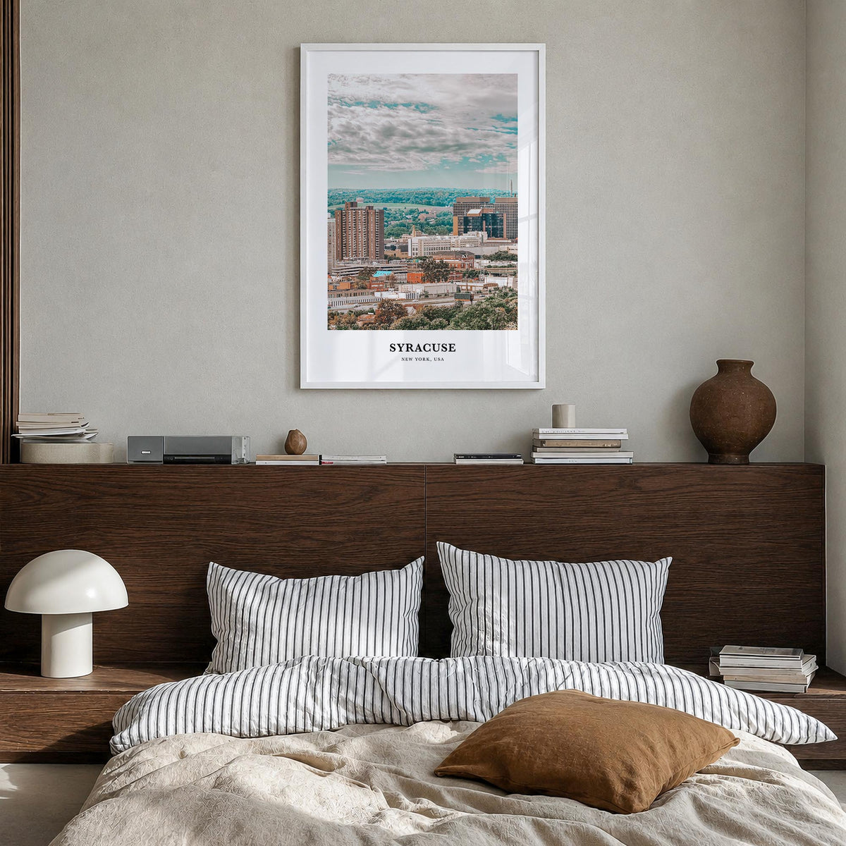 Syracuse, New York colorful classic poster of New York, USA – vertical wall art in white wood frame, hanging on wall