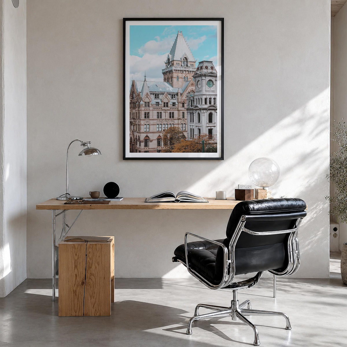 Syracuse, New York colorful photo poster of New York, USA – vertical wall art in black wood frame with white border, hanging 