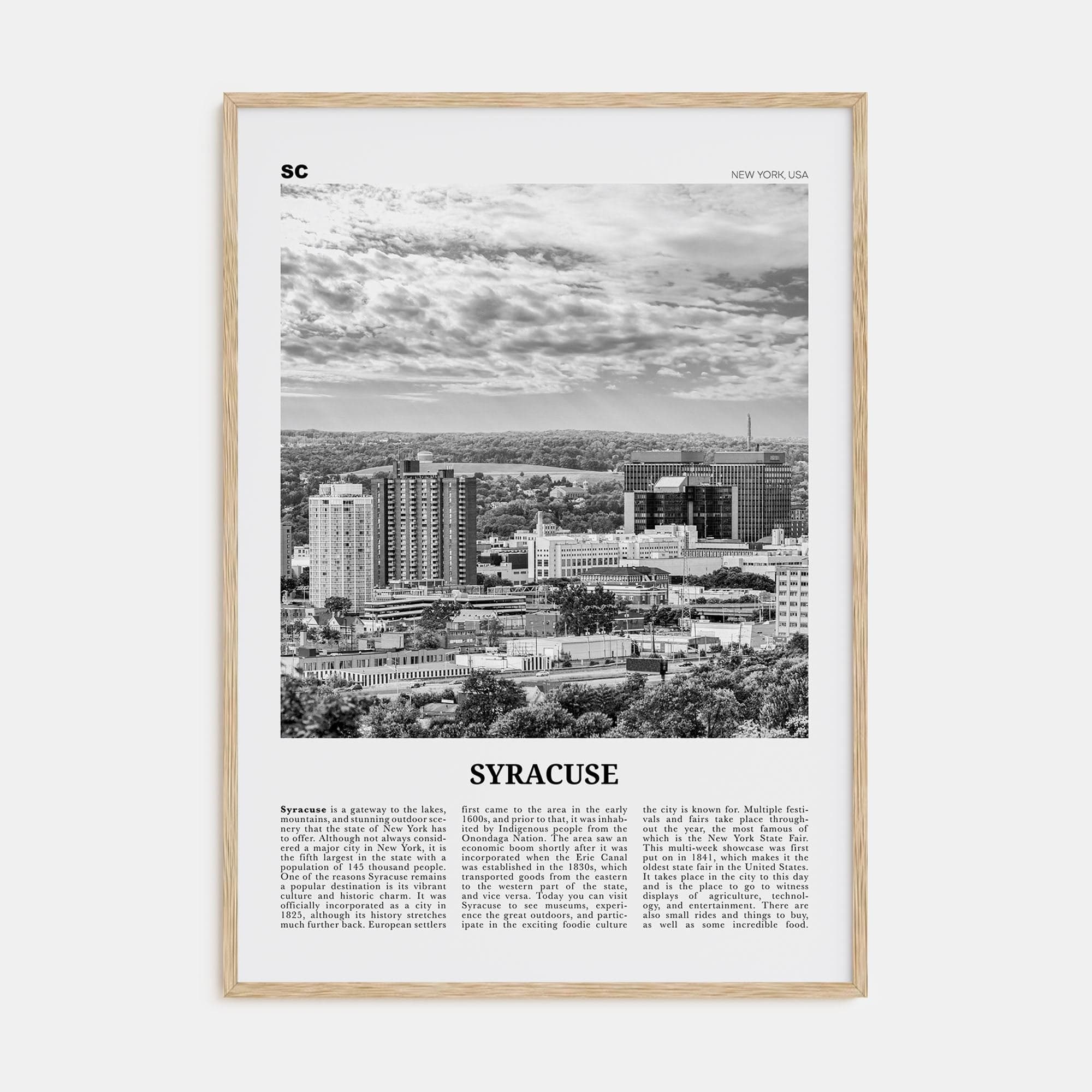 Syracuse, New York Poster Natural Wood / 8x12 in Nbourhood Travel B&W Poster