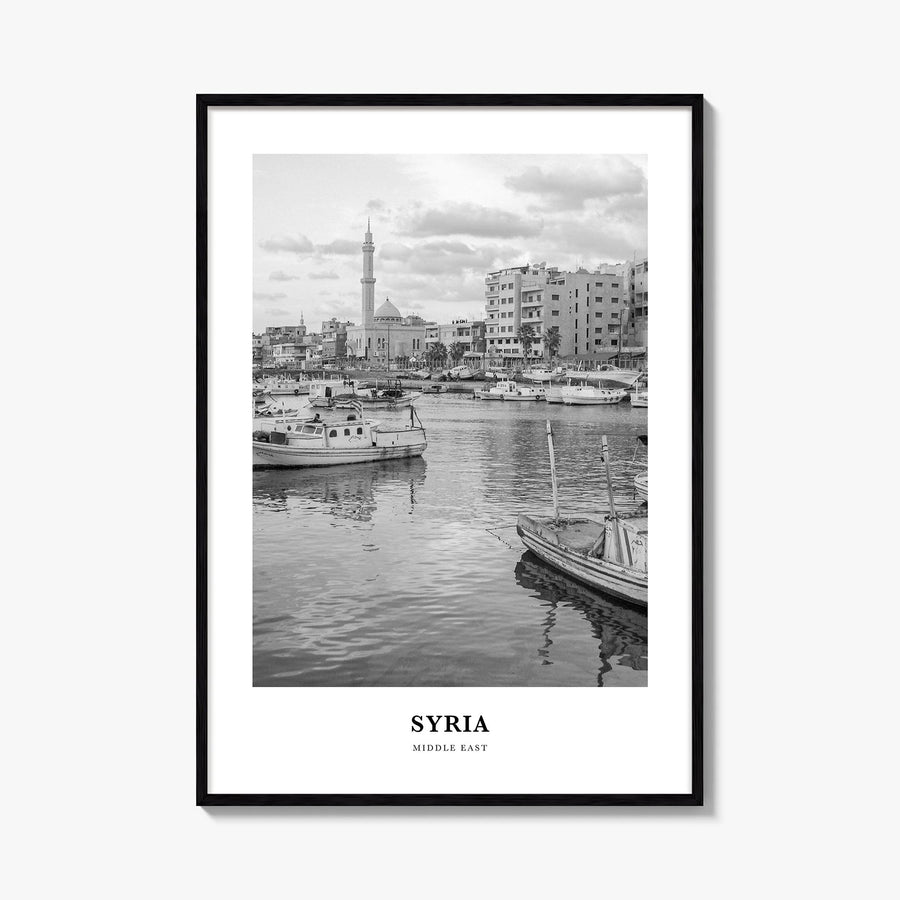 Syria black & white classic poster of Middle East – vertical wall art, unframed print shown in interior mockup
