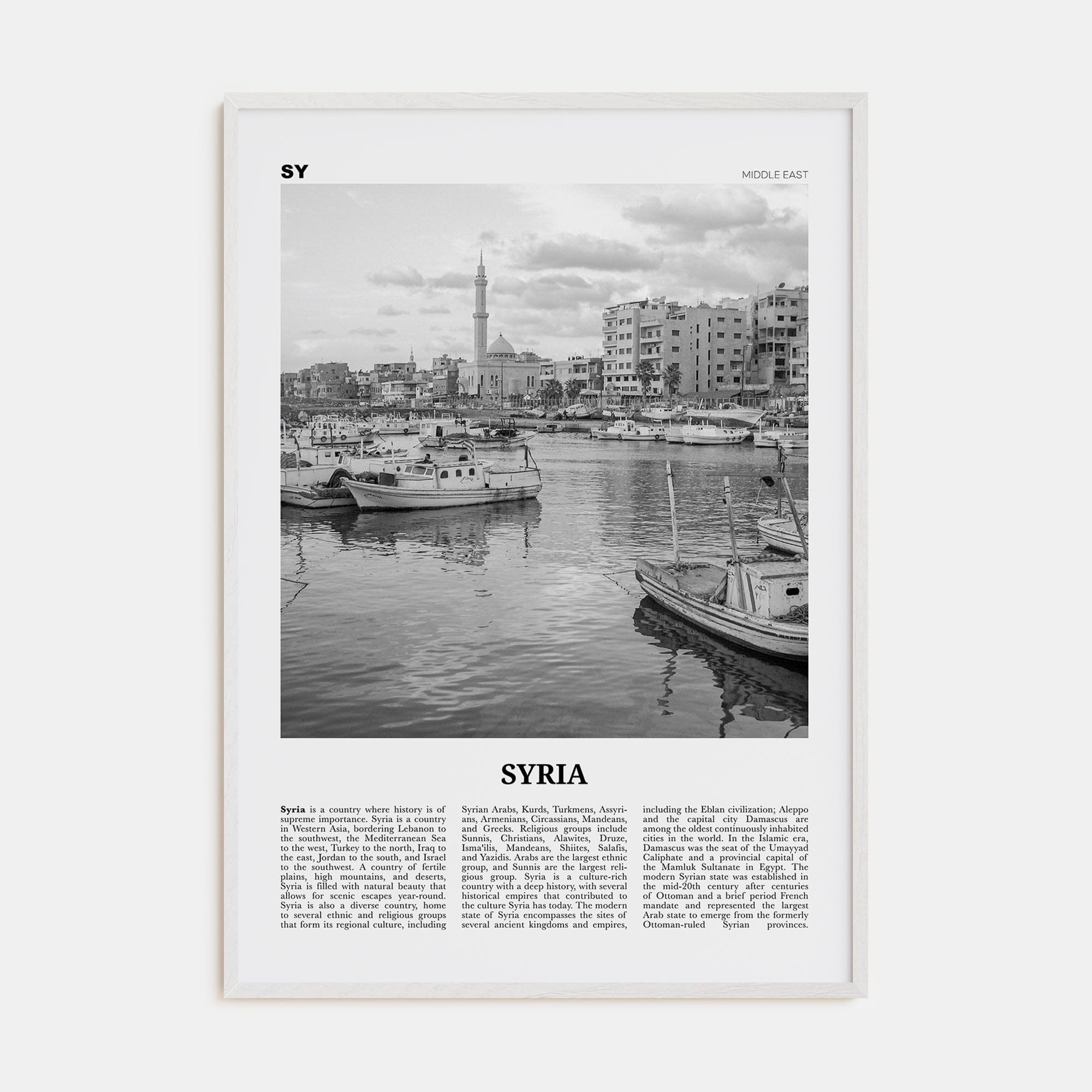 Syria Poster White Wood / 8x12 in Nbourhood Travel B&W Poster