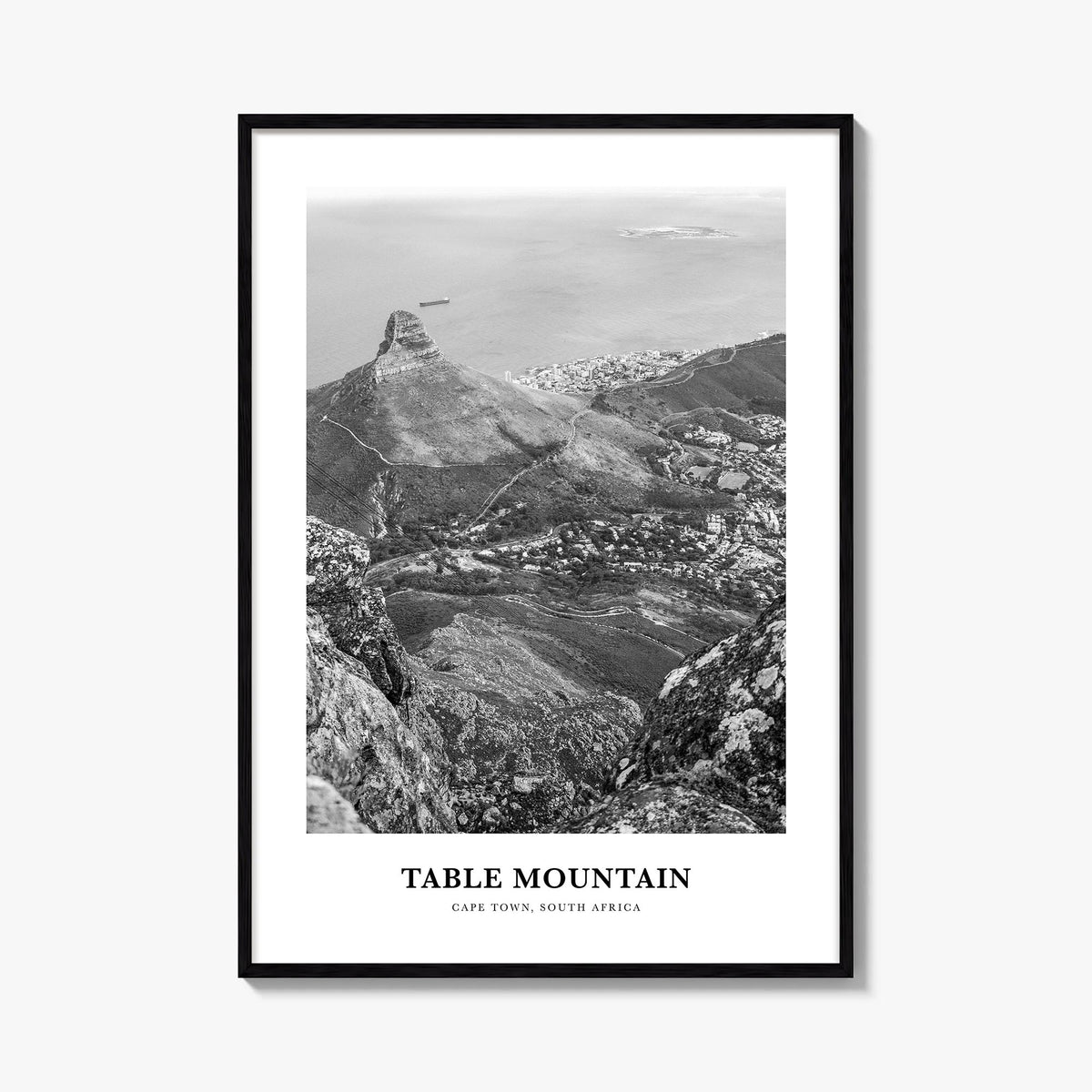 Table Mountain black & white classic poster of Cape Town, South Africa – vertical wall art, unframed print shown in interior 