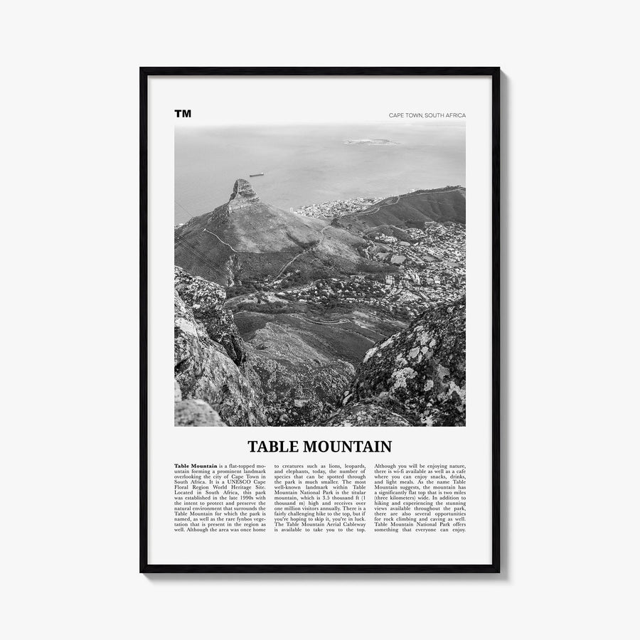 Table Mountain black & white newspaper poster of Cape Town, South Africa – vertical wall art, unframed print shown in interio