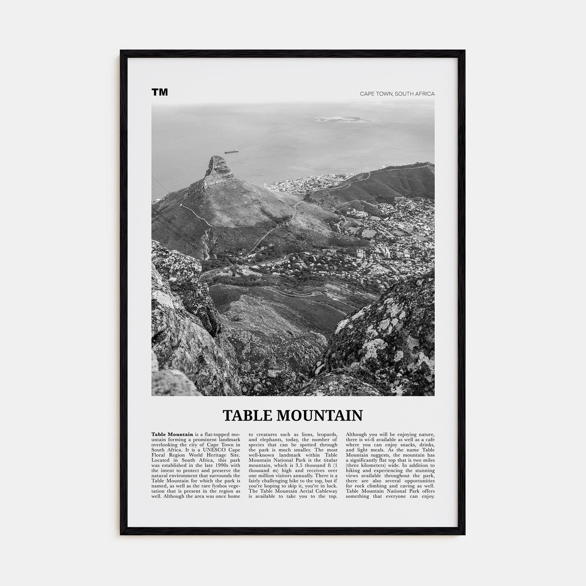 Table Mountain Poster Black Wood / 8x12 in Nbourhood Travel B&W Poster