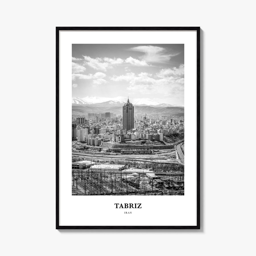 Tabriz black & white classic poster of Iran – vertical wall art, unframed print shown in interior mockup