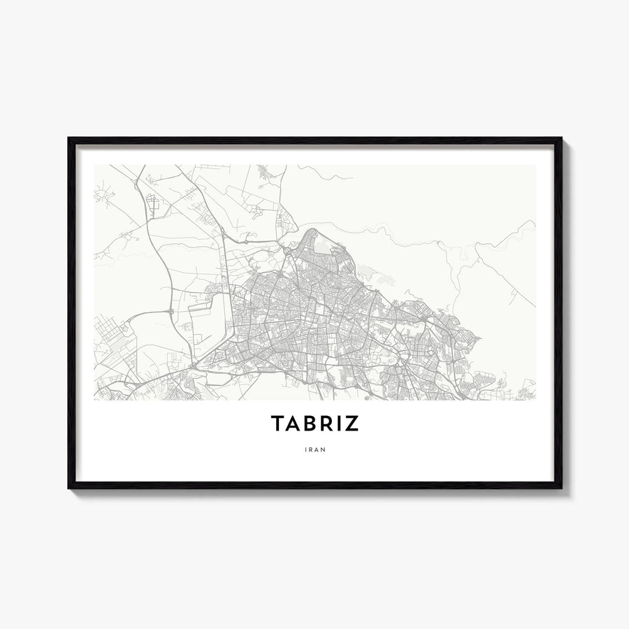 Tabriz black & white map poster of Iran – horizontal wall art, unframed print shown in interior mockup