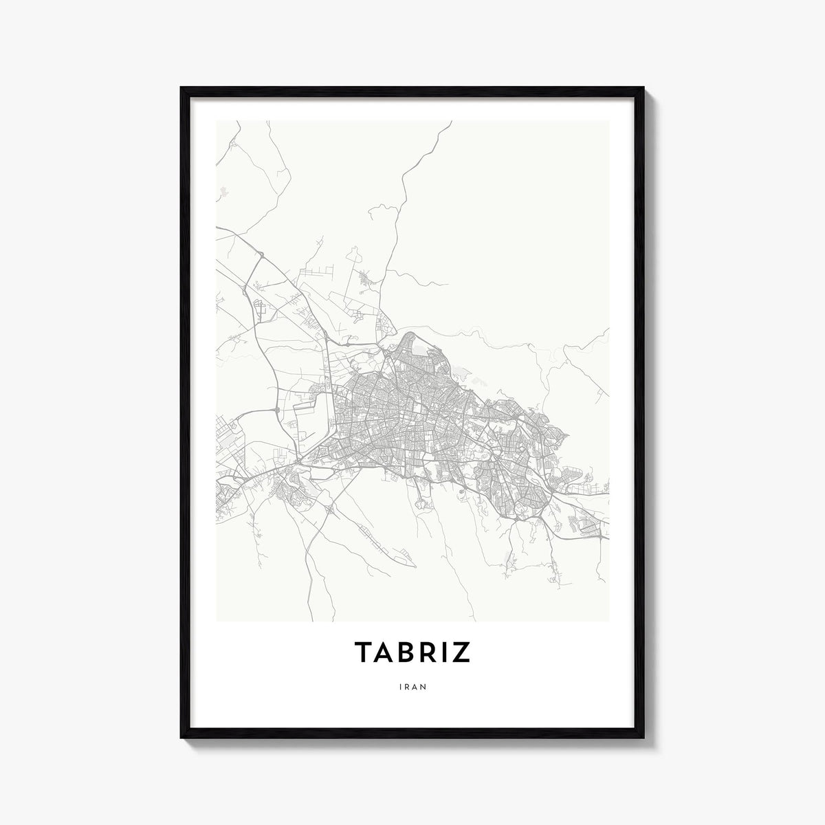 Tabriz black & white map poster of Iran – vertical wall art, unframed print shown in interior mockup