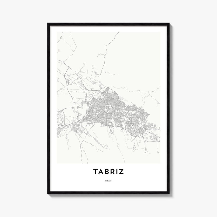 Tabriz black & white map poster of Iran – vertical wall art, unframed print shown in interior mockup