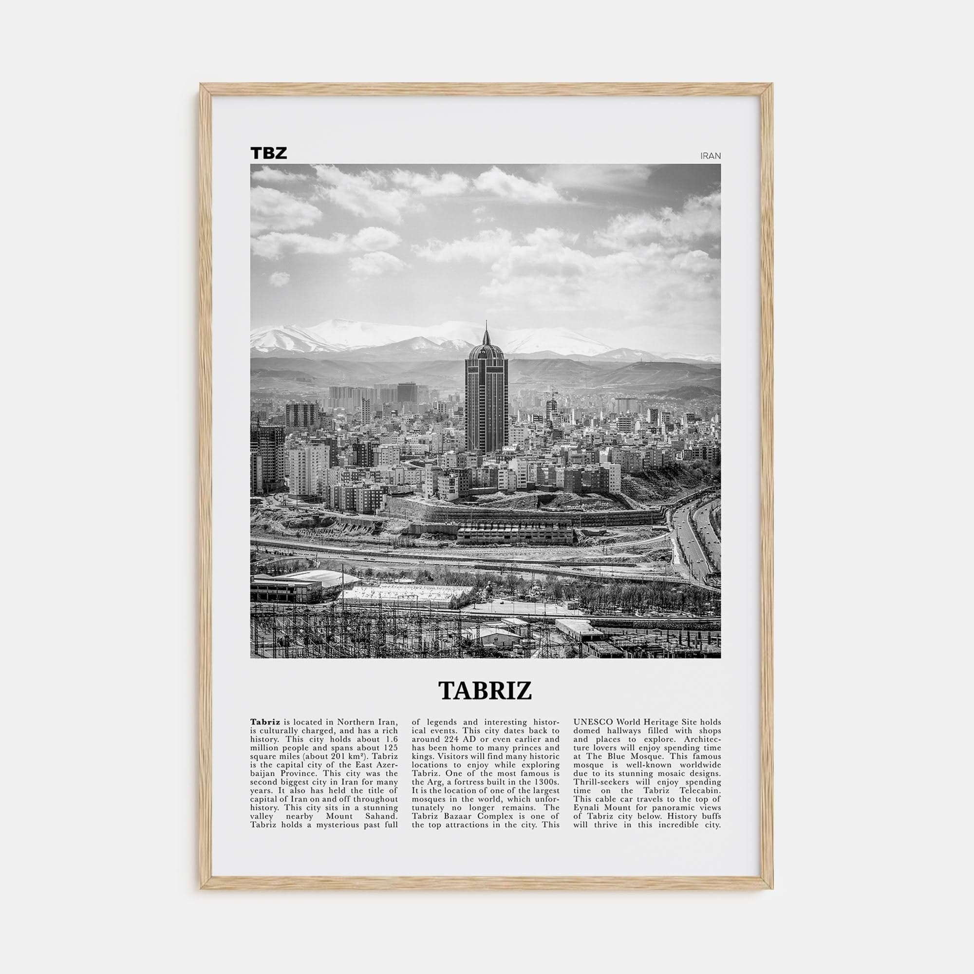 Tabriz Poster Natural Wood / 8x12 in Nbourhood Travel B&W Poster