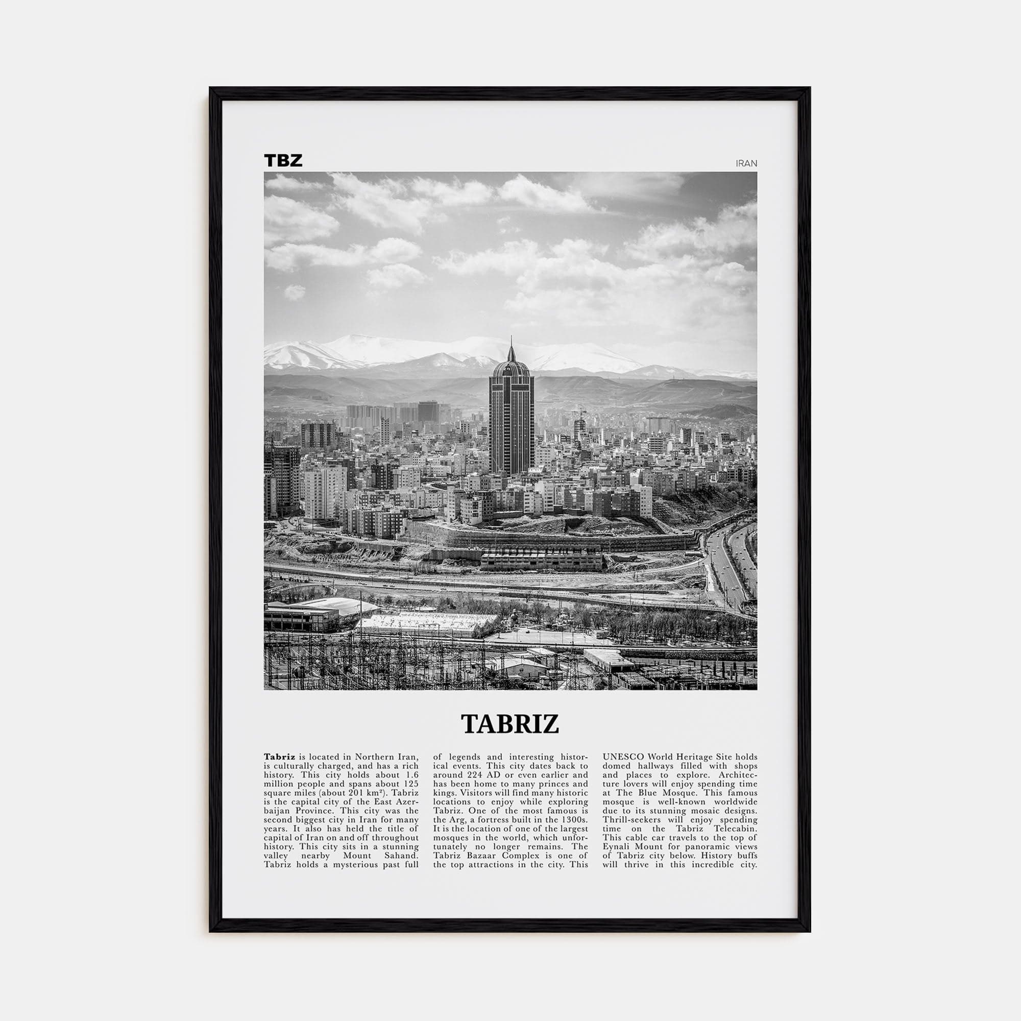 Tabriz Poster Black Wood / 8x12 in Nbourhood Travel B&W Poster