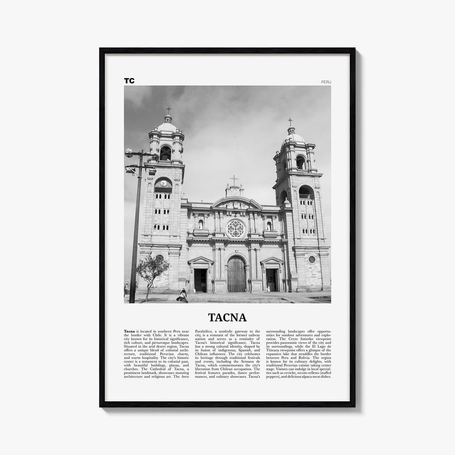 Tacna black & white newspaper poster of Peru – vertical wall art, unframed print shown in interior mockup