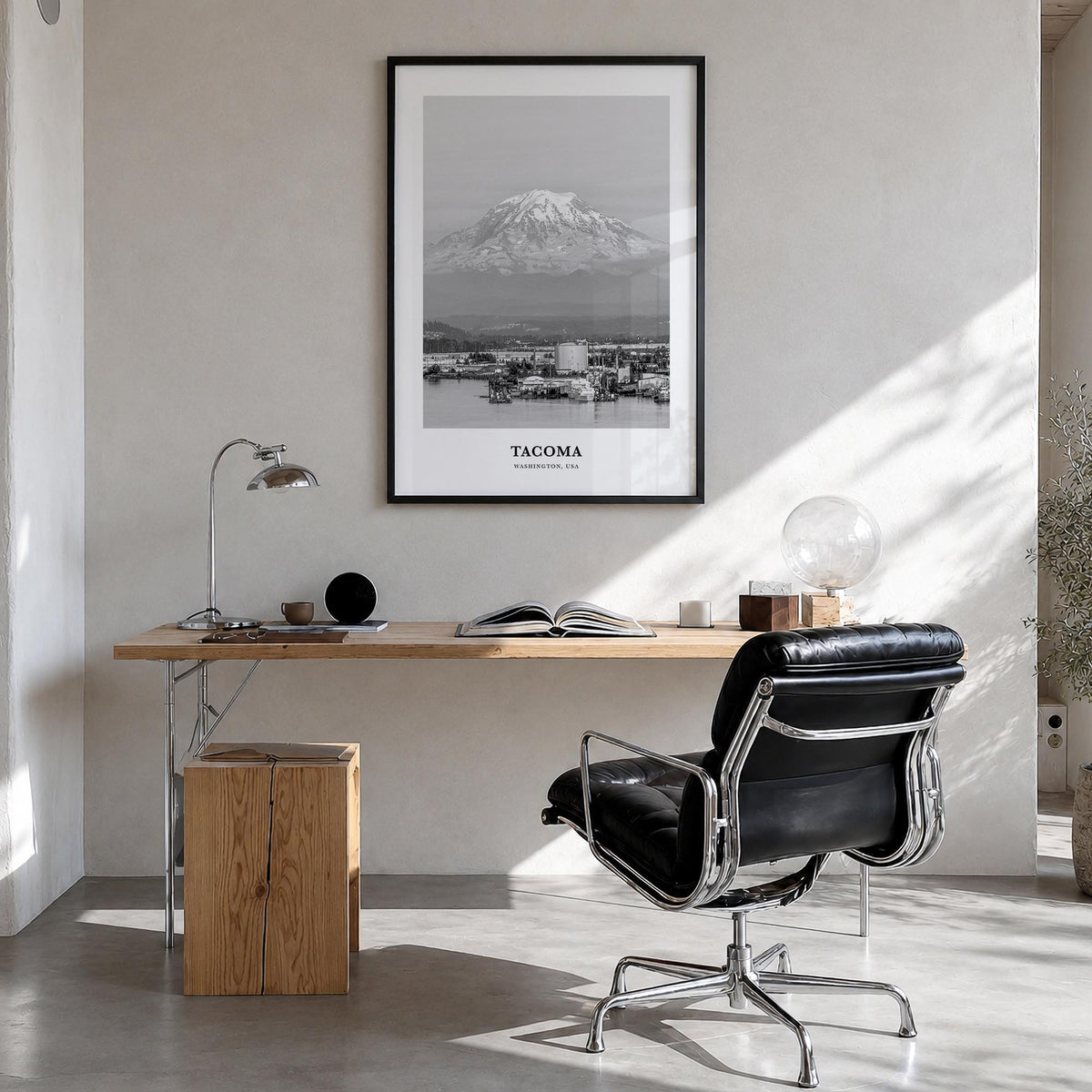 Tacoma black & white classic poster of Washington, USA – vertical wall art in black wood frame, hanging on wall
