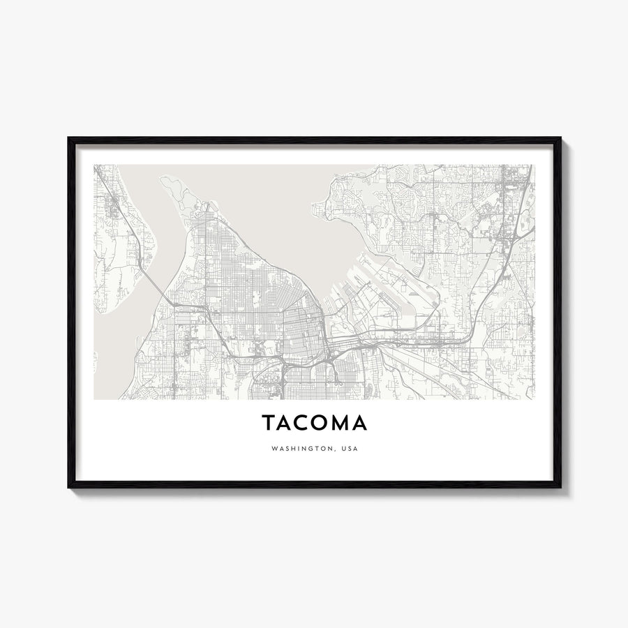 Tacoma black & white map poster of Washington, USA – horizontal wall art, unframed print shown in interior mockup