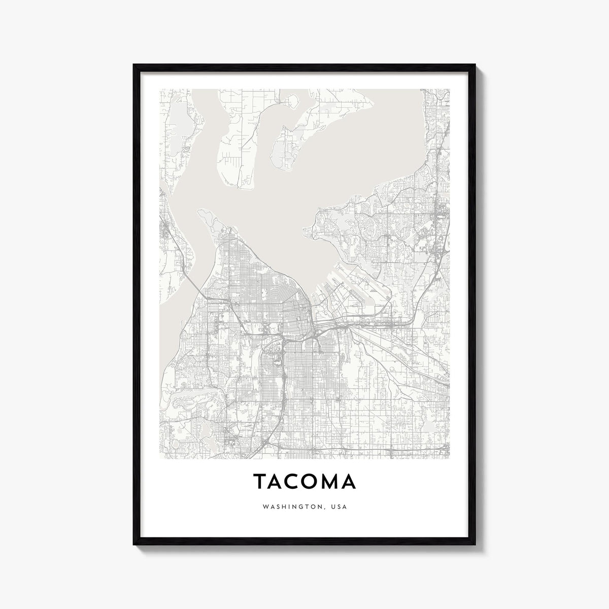 Tacoma black & white map poster of Washington, USA – vertical wall art, unframed print shown in interior mockup