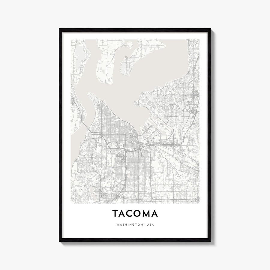 Tacoma black & white map poster of Washington, USA – vertical wall art, unframed print shown in interior mockup