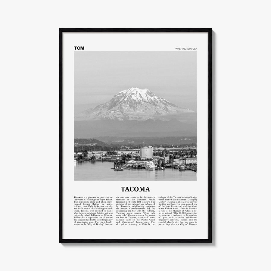 Tacoma black & white newspaper poster of Washington, USA – vertical wall art, unframed print shown in interior mockup