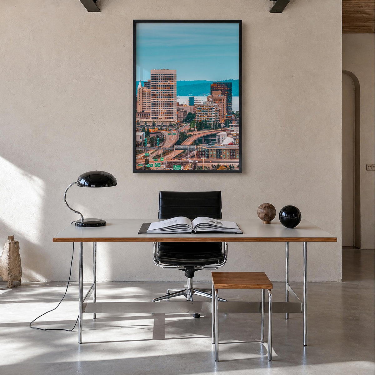 Tacoma colorful photo poster of Washington, USA – vertical wall art in black wood frame, hanging on wall