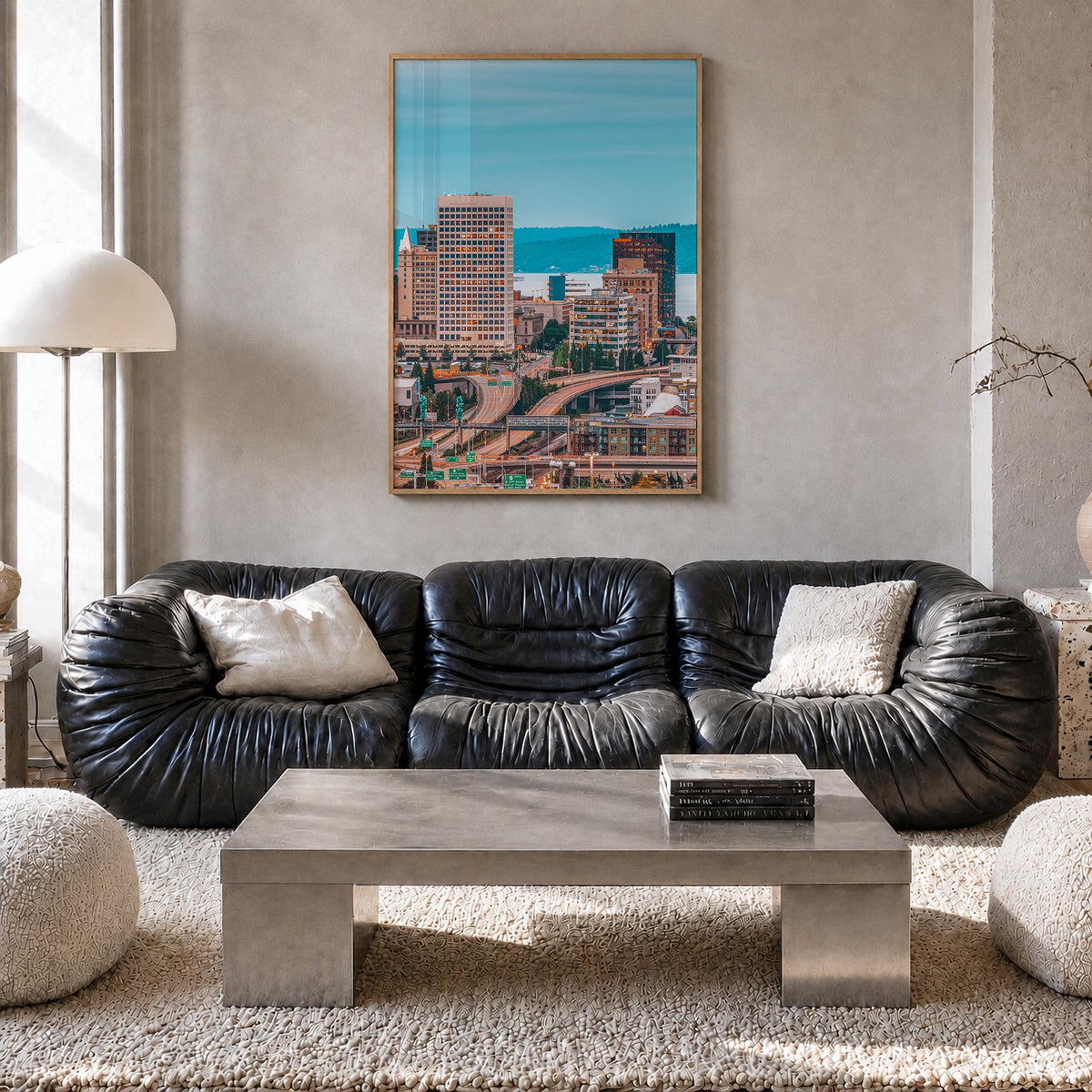 Tacoma colorful photo poster of Washington, USA – vertical wall art in natural wood frame, hanging on wall