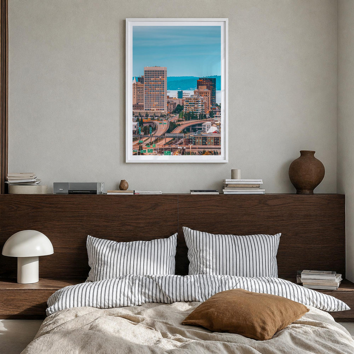 Tacoma colorful photo poster of Washington, USA – vertical wall art in white wood frame with white border, hanging on wall