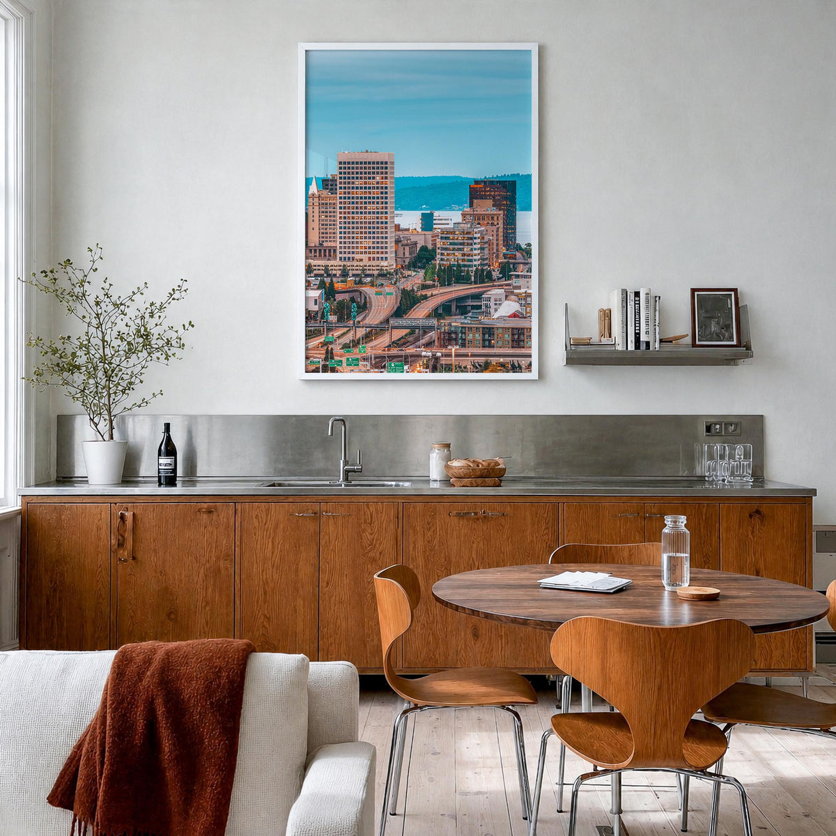 Tacoma colorful photo poster of Washington, USA – vertical wall art in white wood frame, hanging on wall