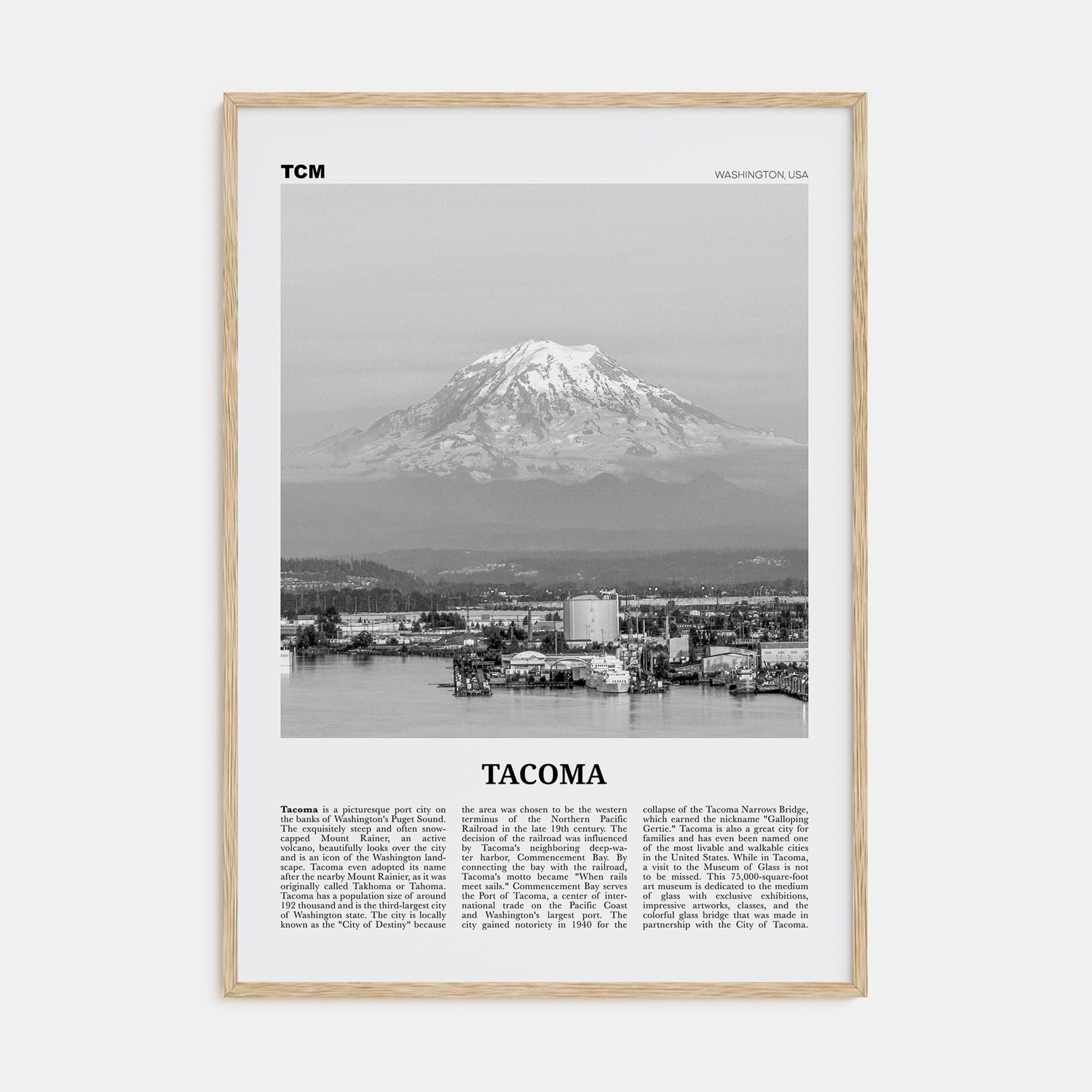 Tacoma Poster Natural Wood / 8x12 in Nbourhood Travel B&W Poster