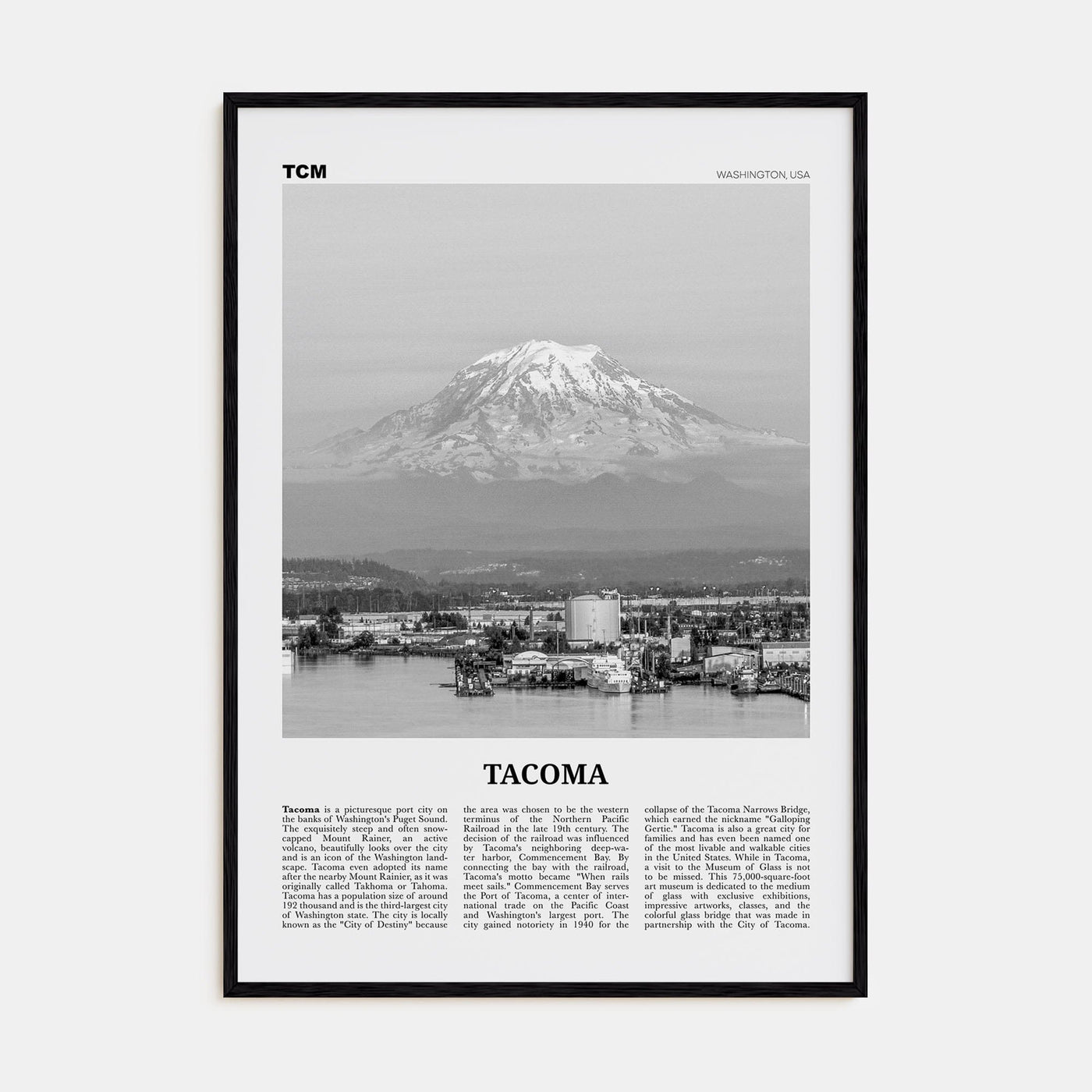 Tacoma Poster Black Wood / 8x12 in Nbourhood Travel B&W Poster