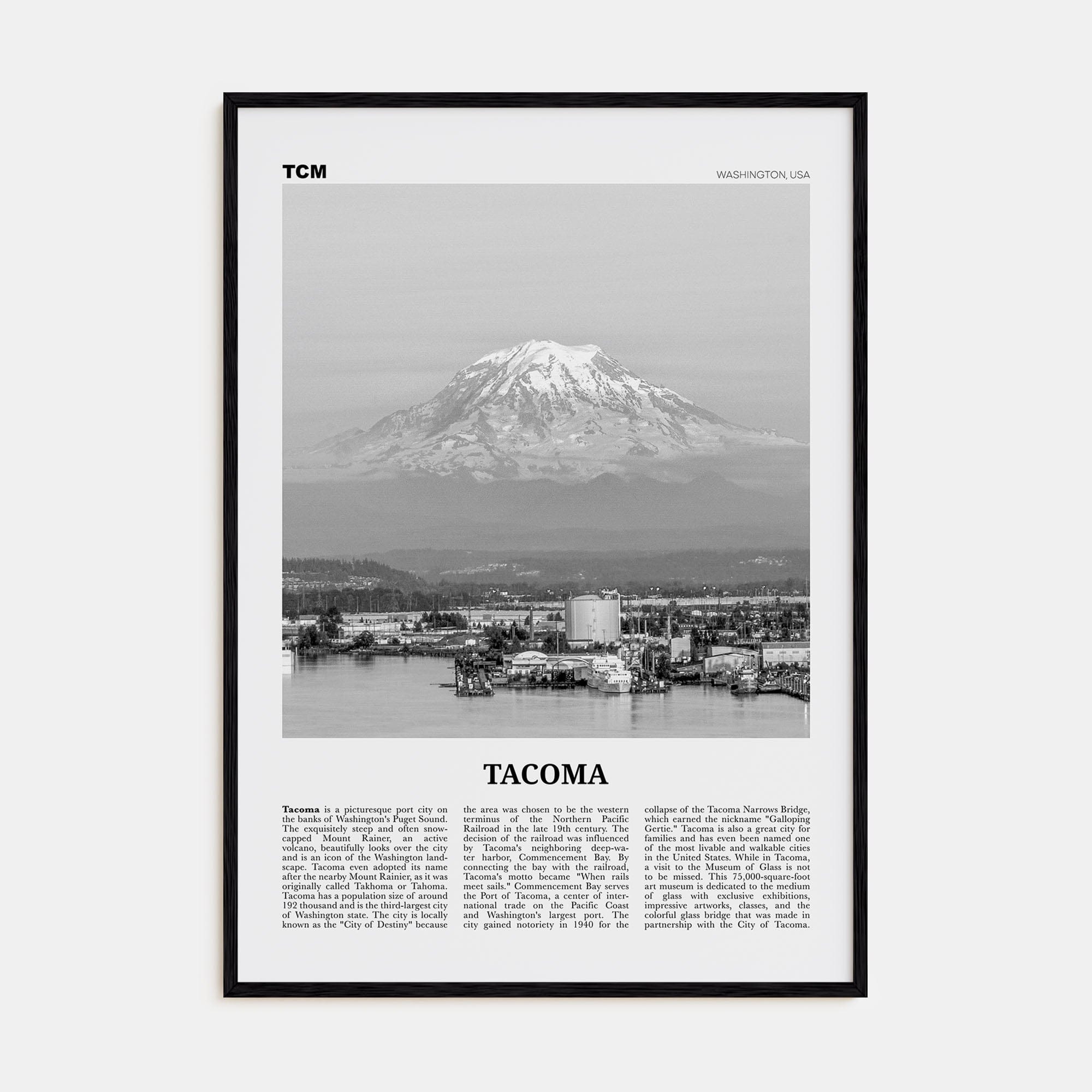 Tacoma Poster Black Wood / 8x12 in Nbourhood Travel B&W Poster